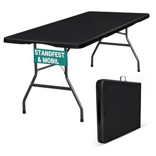 Byliable Klapptisch, 180cm, tragbar, robust, Kunststoff, zusammenklappbar, für drinnen und draußen, für Camping, Picknick und Party (Schwarz)