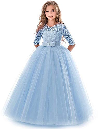 IBTOM CASTLE Blumensmädchenkleid Prinzessin Festliches Herbst Kinder Mädchen Kleid Festzug Kleider Hochzeit Partykleid Blau 5-6 Jahre