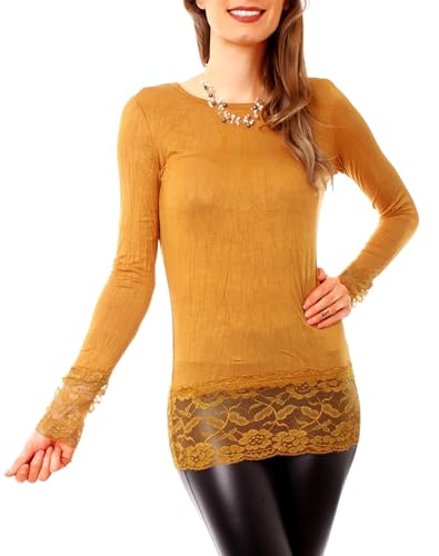 Easy Young Fashion Langarm Longshirt mit Spitzensaum 0998 - Curry M/L