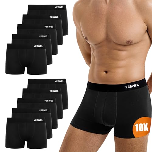 YESWEL Boxershorts Herren 10er Pack, Ohne Kratzenden Zettel Unterhosen Unterwäsche, Baumwolle Retroshorts für Männer (10x Schwarz, L)