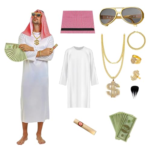 Viechoes Scheich Kostüm Herren - Arabischer Kostüm Set mit Turban, Sonnenbrille & Goldaccessoires | Faschingskostüme Männer für Karneval (L)