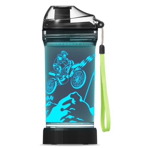 Motorrad Wasserflasche Ammonite Kinder Trinkflasche mit 3D leuchtendem Dirt Bike LED Licht 400ml Tritan BPA frei Kreatives Motocross Geschenk Ideal für Kinder Jungen Sportschule Outdoor Picknick