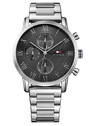 Tommy Hilfiger Herren 44mm Analoge Multifunktions-Quarzuhr - Graues Sunray-Zifferblatt, Silbernes Edelstahlarmband, 3 Hilfszifferblätter, 3ATM Wasserdichtigkeit - 1791397