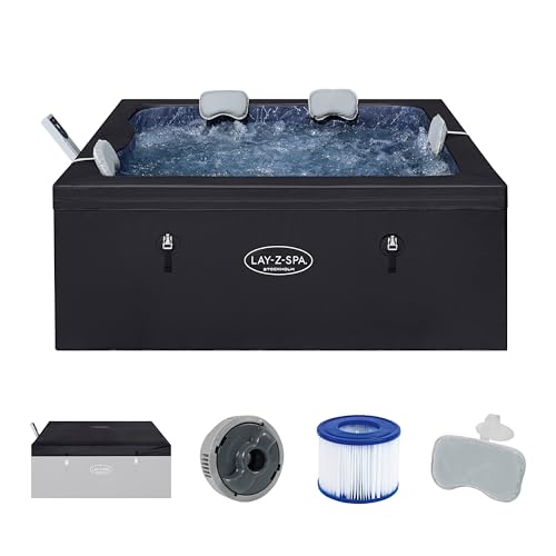 Bestway Lay-Z-SPA Stockholm AirJet Energiespar-Whirlpool 164x164 cm – Smarter Pool für 6 Personen mit App-Steuerung, 40°C Heizung, ThermaCore Isolierung & 140 Massagedüsen, Winterfest & Schwarz