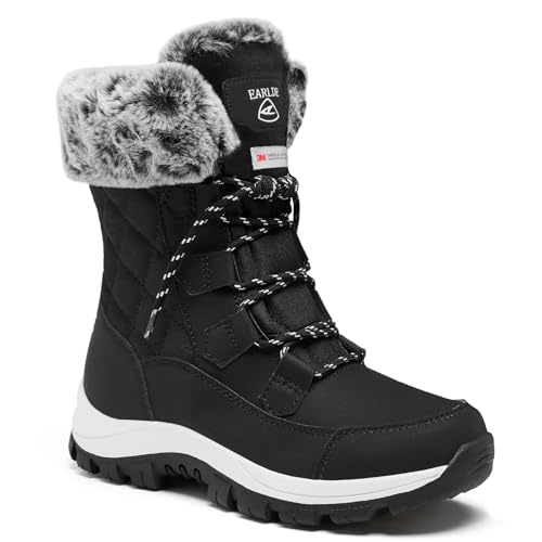 EARLDE Winterstiefel Damen Wasserdicht Winterschuhe Warm Gefüttert Schneestiefel Leicht Stiefel Damen Arbeiten Outdoor Winter Schuhe Schwarz 40 Größe