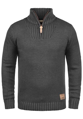 !Solid SDPetro Herren Strickpullover Troyer Grobstrick Pullover mit Troyerkragen Rippbündchen Label-Details Baumwollmischung Regular fit, Größe:L, Farbe:Dark Grey Melange (8288)