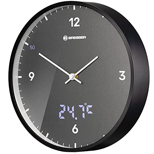 Bresser MyTime Wanduhr mit Funk ohne Tickgeräusche mit 24 cm großem Ziffernblatt, LED Sekundenanzeige, Innentemperatur und geräuschlosem Funkuhrwerk, grau
