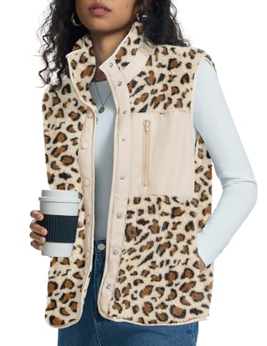 Kistore Teddy Weste Damen Mode Lässig Teddy Fleece Damen-Westen Herbstjacken Ärmellos Daunenjacke mit Stehkragen(Leopard,XL)