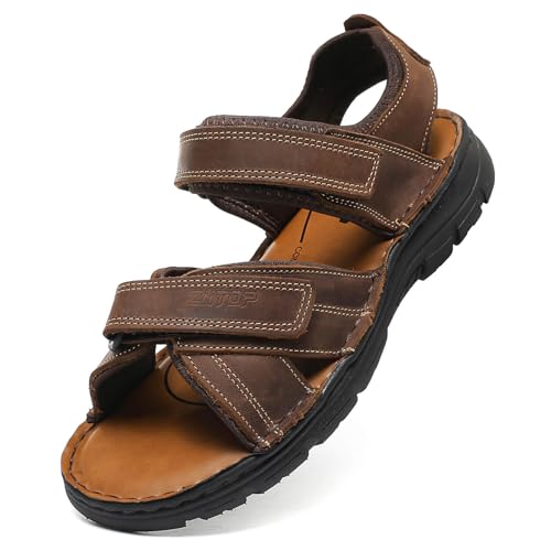 ziitop Herren Leder Sandalen Outdoor Trekkingsandalen Sommer Männer rutschfeste Leichte Trekkingschuhe Verstellbare Beach Sandalen dunkelbraun 44 EU