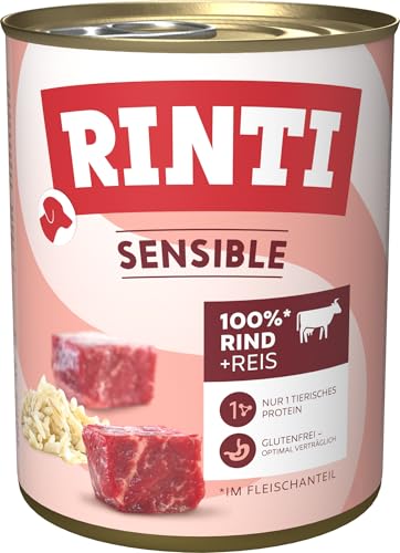 RINTI - Sensible | Nassfutter für Sensible, ausgewachsene Hunde mit natürlichen Fleischstücken. Getreidefreies Alleinfutter in der Dose ohne künstliche Zusätze | 6x800g Rind + Reis