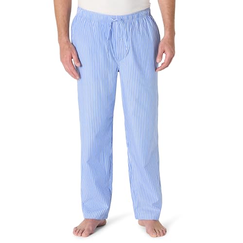 Amazon Essentials Gewebte Pyjamahose für Herren, gerade Passform, mit Taschen, Hellblau gestreift, M