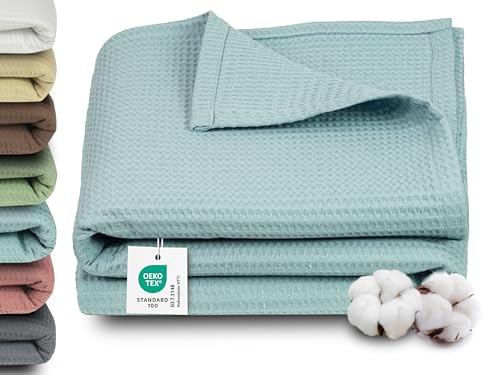ZOLLNER Kuscheldecke in 150x200 cm - 100% Baumwolle - Zeitloses Waffelmuster - knitterarme und atmungsaktive Couchdecke in blau - waschbar bis 60°C – Hotelwäschequalität - Oeko Tex® Zertifiziert