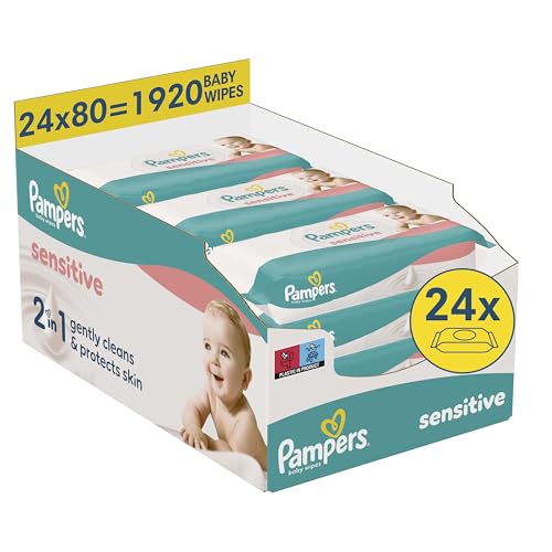 Pampers Sensitive Baby Wipes, 24 Packs of 80 Wet Wipes, 1920 Baby Wipes, 2-in-1 Gentle Cleansing and Skin Protection