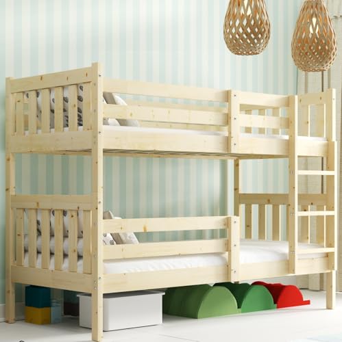 Interbeds Etagenbett Hohbett 200x90 cm Stockbett aus Kiefernholz roh mit Leiter und Lattenrost Naturholz (Naturton, 200x90)