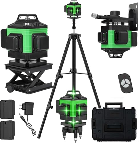 Kreuzlinienlaser mit Stativ, Grüner Laserstrahl 4 x 360°, Laser Level 4D 16Linien,Kreuzlinienlaser mit Selbstnivellierend, Baulaser,Laser Nivelliergerät mit 2 Akkus für Verlegung Bodenfliesen (A+Box)