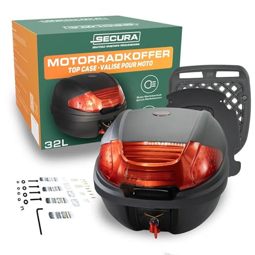 Secura Motorradkoffer Topcase schwarz 32 L abschließbar mit Rücklicht und Halterung | Topcase für Motorrad Quad Zubehör Koffer hinten | Top Case Gepäckträger Koffer Motorrad Box