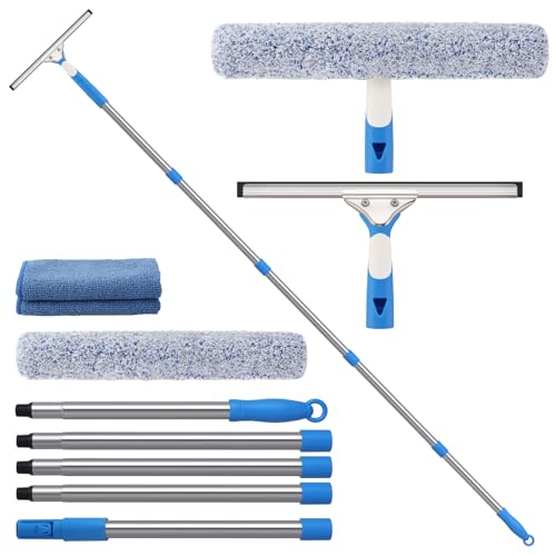 Mitclear Fensterreiniger Set mit Abzieher & Einwascher, Teleskopstiel 196cm