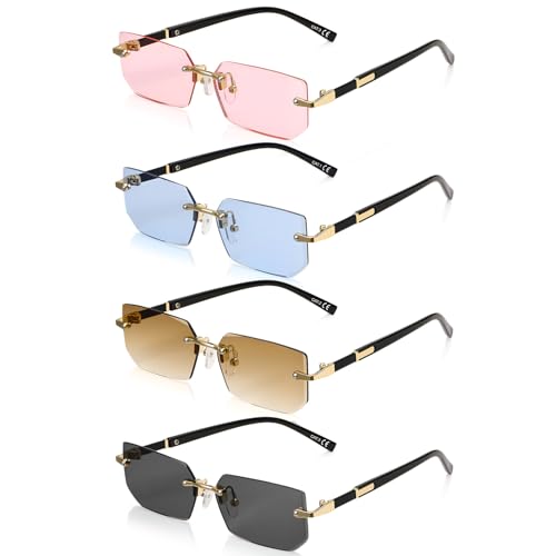 Utensilsto 4 Stück Rahmenlose Rechteck Sonnenbrille, Vintage Retro Rave Brillen für Damen Herren, Quadratische Gläsern, Getönte Sonnenbrille, Klassische