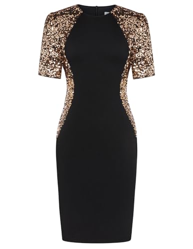 Damen Kleider Elegant Vintage Cocktailkleid Abend Party Glitzer Kleid Schwarz Gold L