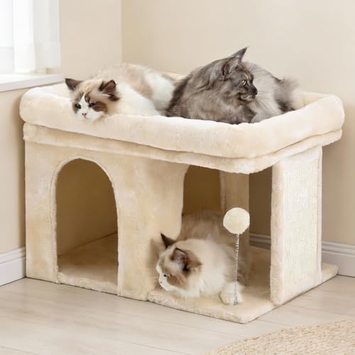 Heybly Kratzbaum, 35 cm Hoher Katzenbaum mit Großem Ruhebett und Gemütlichem Katzenhaus für Erwachsene Katzen, Inklusive Kratzpfosten und Interaktivem Plüschball, Beige HCT203SM