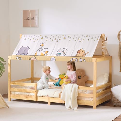 LEADZM Kinderbett Bodenbett 90x200 cm, Kinder Bett Mit Stoffhimmel, Kinderbetten inkl. Rausfallschutz & Lattenrost, Bodenbett Kinder bis 200 kg (90x200 cm,Natur)