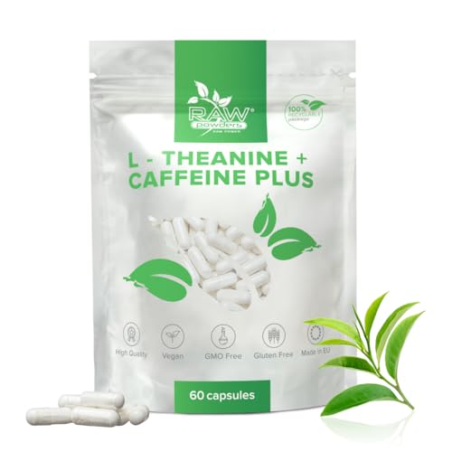 L-Theanin 250mg + Koffein 100mg, 60 Caps – Unterstützung für Entspannung & Fokus – Reine Zutaten, GMO- & Glutenfrei – GMP-zertifiziertes Nahrungsergänzungsmittel von Raw Powders