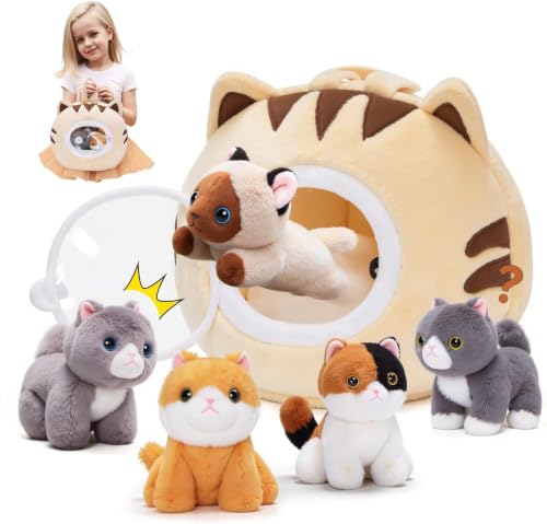 OUOZZZ 5er Set Kuscheltier Katze Plüschtier mit Tasche,Katzenbaby Stofftier