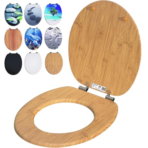 CASARIA WC Sitz mit doppelter Absenkautomatik Bambus | antibakterieller Toilettendeckel mit Holzkern, bis 175 kg belastbar, Soft Close Klobrille, unterschiedliche Farben & Motive