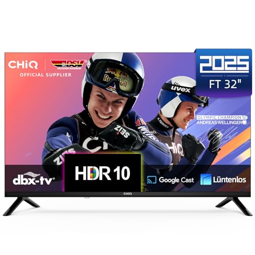 CHIQ LF32FT 32 Zoll (81 cm) Smart TV, Full HD, HDR10, Dolby Audio & DBX-tv, Triple Tuner DVB-C/T2/S2, Integrierter Chromecast, Rahmenloses Metalldesign