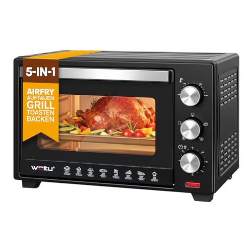 WOLTU Mini Backofen mit Umluft 28 L, Pizzaofen 1600 W, 100-230 °C, Timer 0-60 Min., 3 Heizmodi, inkl. Backblech Grillrost Krümelblech Rostheber, Mini Ofen für Backen Braten Auftauen Erhitzen, Schwarz