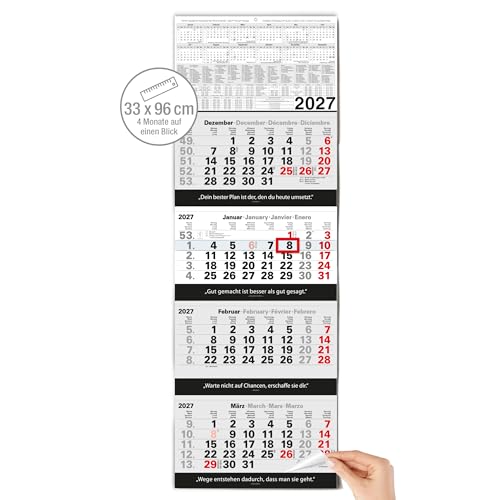 TOBJA® 4 Monatskalender 2027 Block Wandkalender 33x96 cm - Mit Zitaten von Franklin, Kafka & rotem Datumsschieber, Metallöse | 4-sprachig DE/EN/FR/ES | FSC