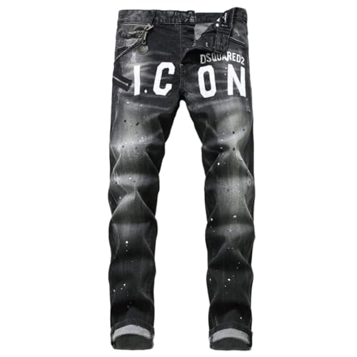 M&Catree Herren Hip Hop Ripped Baggy Jeanshose Zerstörte Distressed Skinny Skater Jeans Y2K Denim-Hose - Schwarz Grau, 31