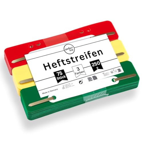 perfect line - 75 Heftstreifen (3x25 Stk.), recycelbarer Kunststoff, 3 Farben (Grün, Gelb, Rot), Made in Germany