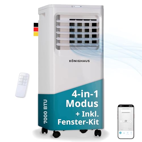 Könighaus Smarte Mobile Klimaanlage 7000 BTU für Räume bis 20m² – 4-in-1 Funktion mit Kühlung, Entfeuchtung, Ventilator und Luftreinigung – energieeffizient (A) – inkl. Fernbedienung und App-Steuerung