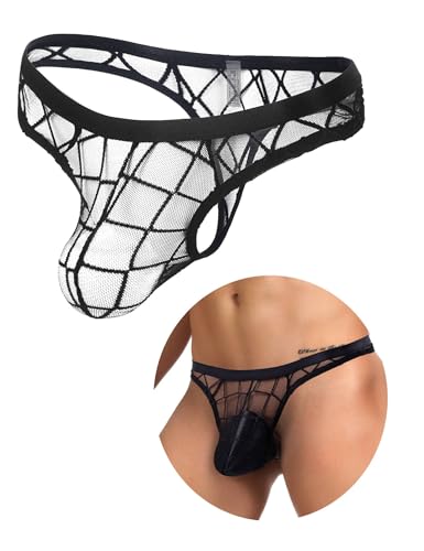 comeondear String Tanga Sexy Dünn Männer Slip Transparent Mesh Große Größen Gay Unterwäsche Erotisch Herren Dessous T Back Reizwäsche für Sex Unterhosen Durchsichtig Low Rise Thong Beutel Schwarz,L