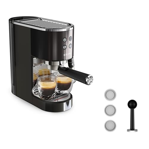 Krups Virtuoso+ Espresso-Siebträgermaschine, 15 bar Pumpendruck, 3 Crema-Filter, Edelstahl-Dampfdüse, intuitives Bedienfeld, Drehregler, inkl. Dosierlöffel und Tamper, Schwarz/Edelstahl, XP444G