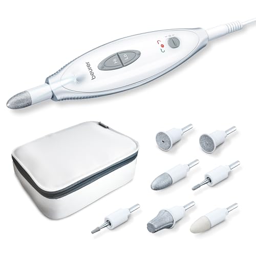 Beurer MP 41 Maniküre-/ Pediküreset, elektrische Nagelfeile mit 7 Aufsätzen, helles LED Licht, Nagelfräser für gepflegte Nägel, mit Aufbewahrungstasche, Nagelpflege für Hände und Füße, Weiß