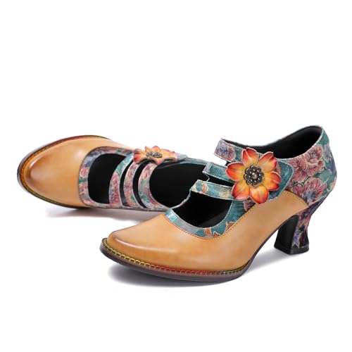 CrazycatZ Vintage Mary Jane Damenschuhe, Leder-Stoff-Mix, Blumenmuster, Blockabsatz, Camel (Light Brown, Erwachsene, Damen, 39, Numerisch, EU Schuhgrößensystem, M)
