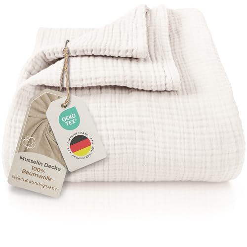 LAYNENBURG Premium Musselin Tagesdecke 220x240 cm XXL - 100% Baumwolle - extraweiche Baumwolldecke als Kuscheldecke, Bett-Überwurf, Sofa-Überwurf, Couch-Überwurf - warme Sofa-Decke (Creme)