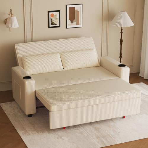 JUMMICO Schlafsofa 2 Sitzer klein Sofa mit Schlaffunktion Schlafcouch Ausziehbar mit Kissen Couch Cord-Bezug mit Getränkehalter Klappsofa Für Wohnzimmer Schlafzimmer,75 x 160 x 93 cm,Beige