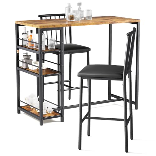 Xbro Bartisch Set 3-teilig, Küchentisch mit Stühlen für Küche, Esszimmer, Bistro, etc. Esstisch und 2 Stühle mit Rückenlehne und Polsterung(Braun)