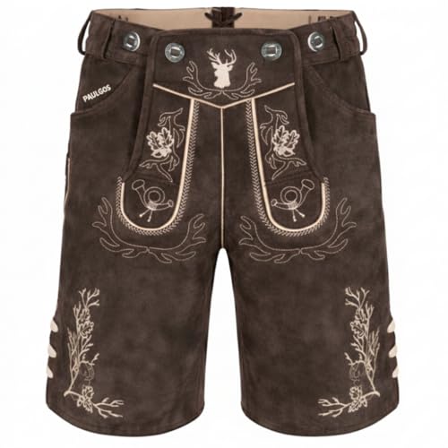 PAULGOS Herren Trachten Lederhose HK3 + Träger, Echtes Leder, Größe 52, Dunkelbraun