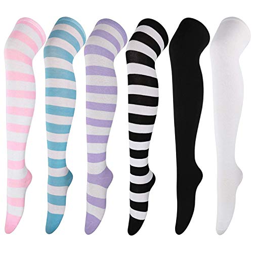 DRESHOW 6 Paar Damen und Mädchen Kniestrümpfe Overknee Lange Strümpfe Streifen Oberschenkel Hohe Socken Sport Socken Leggings Strümpfe