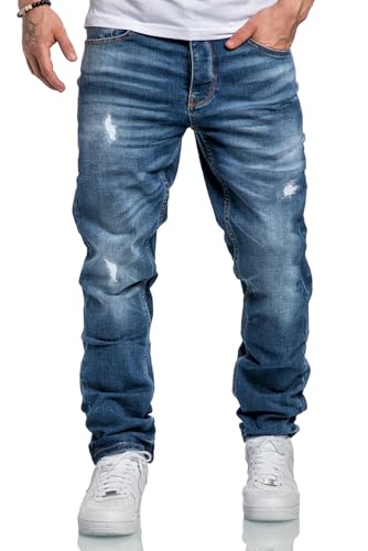 REPUBLIX Herren Jeans Regular Straight Fit Denim Hose Destroyed R7998 Hellblau W29/L30