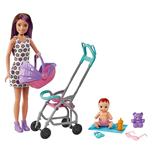 Barbie Skipper Babysitter Inc, Skipper mit braunen und lila Haaren, Baby, Kinderwagen, Babytrage, Zubehör, insgesamt 2 Puppen, Geschenk für Kinder, Spielzeug ab 3 Jahre,GXT34