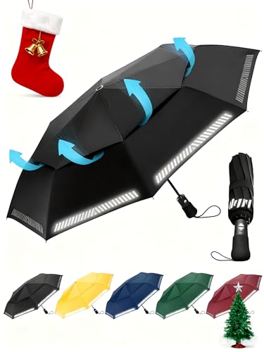Chakipee Regenschirm Sturmfest Taschenschirm mit Reflexstreifen Schwarz Umbrella Kompakter Reise Winddichter Automatik Auf und Zu Doppelt Belüftetes Vordach 8 Rippen für Herren Damen Kinder