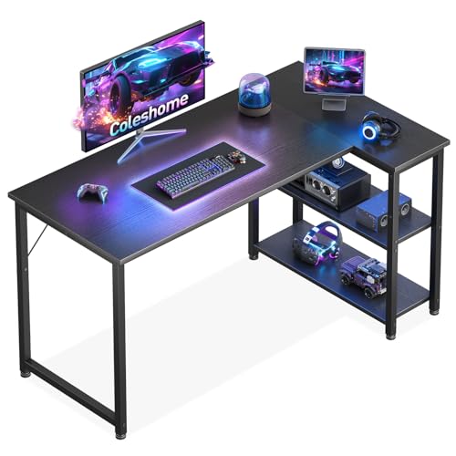 Coleshome Gaming Tisch, 120x70cm Eckschreibtisch mit umkehrbarem Ablagefach, Platzsparender L-förmiger Schreibtisch, Geeignet für Gaming Schreibtisch in Familienecken, Schwarz
