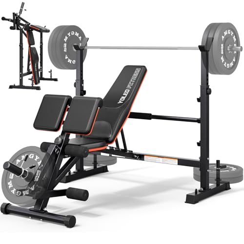 YOLEO 1+X Olympische Hantelbank mit Römerstuhl, Scottbank & Beinstrecker, Klappbare Multifunktion Kraftstation bis 850 kg Gesamtbelastung, Verstellbare Trainingsbank mit Langhantelablage für Home Gym