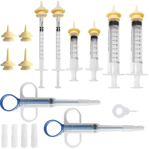 Tabletteneingeber Katze mit Haustier Fütterung Silikon Nippel Set | Umfangreiches Komplettset mit 6 Spritzen (1ml/5ml/10ml), Applikator und Aufzuchtnippeln für Welpen, Hunde und Katzen