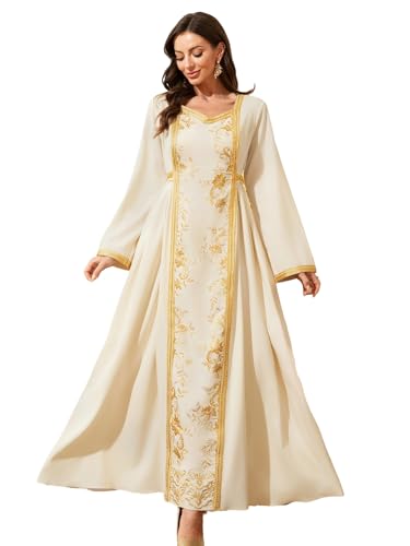 Aibaowedding Ramadan Abaya Kaftan Damen Festkleid mit Goldbestickung Langarm Maxikleid für Eid al-Fitr Hochzeiten Religiöse Feierlichkeiten (Champagner, L)